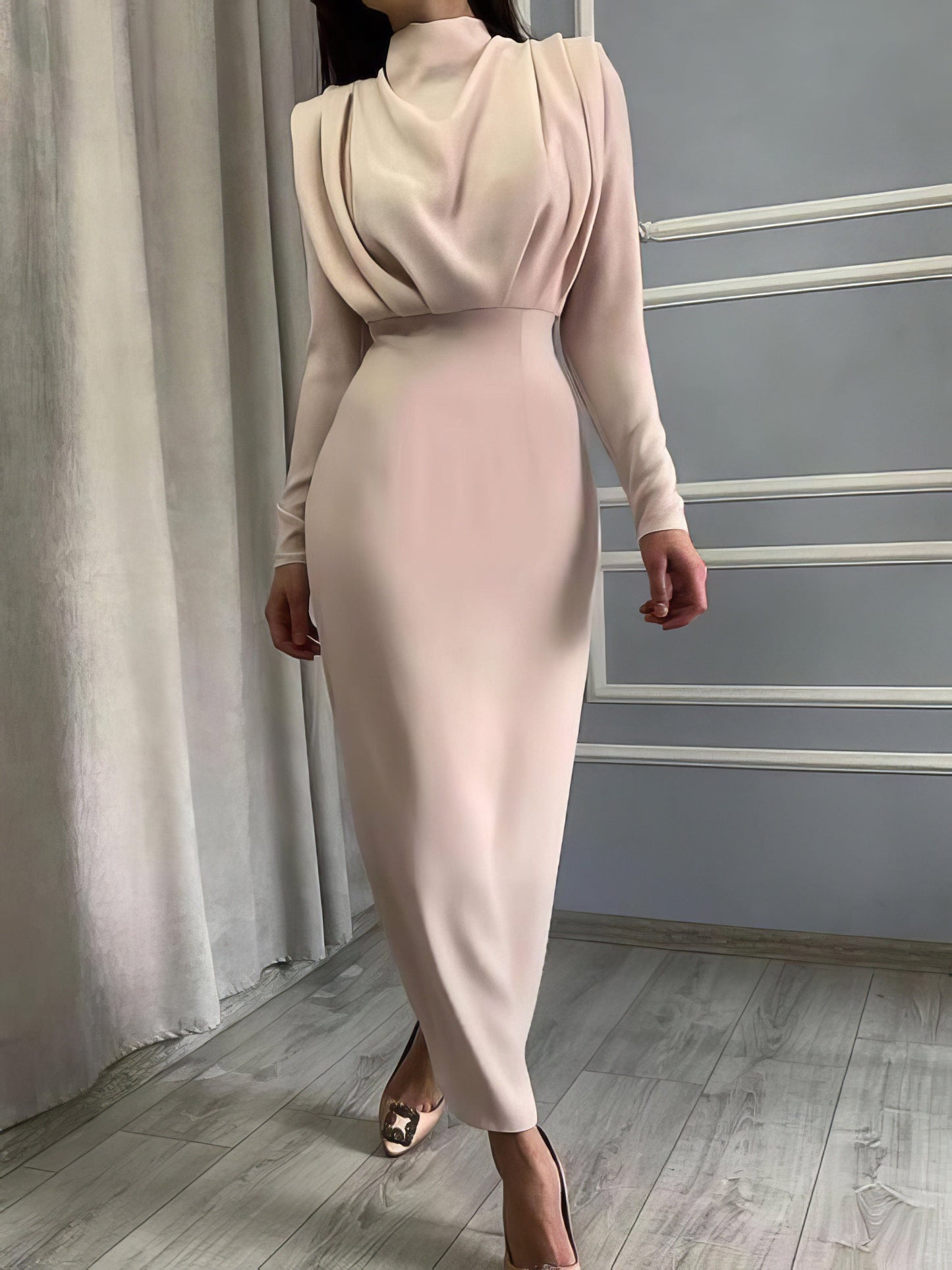 Temperament Solid High Collar Pleated Long Sleeve Dress DRE2110132734APRS Beige / 2 (S)