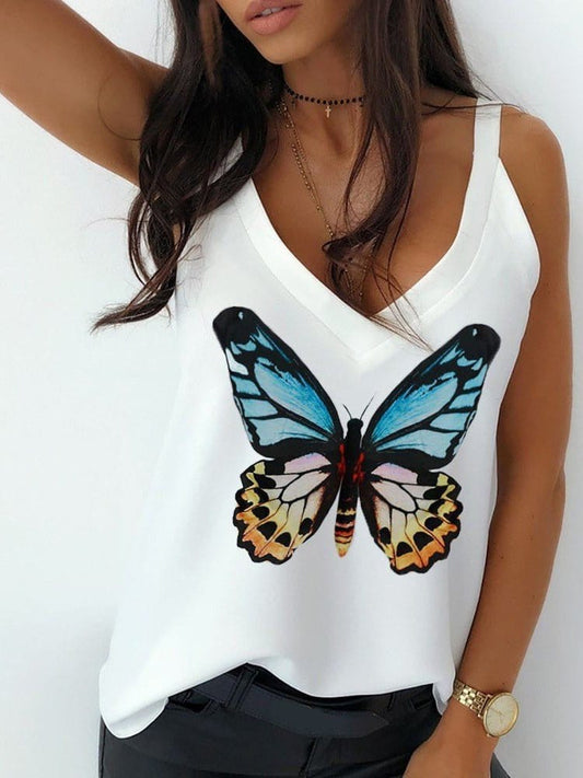 Tops Butterfly Print V-Neck Camisole TAN2205191479WHIS White / 2 (S)
