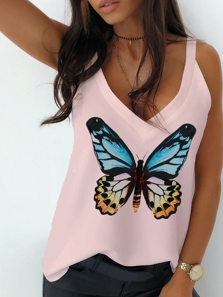 Tops Butterfly Print V-Neck Camisole TAN2205191479PINS Pink / 2 (S)