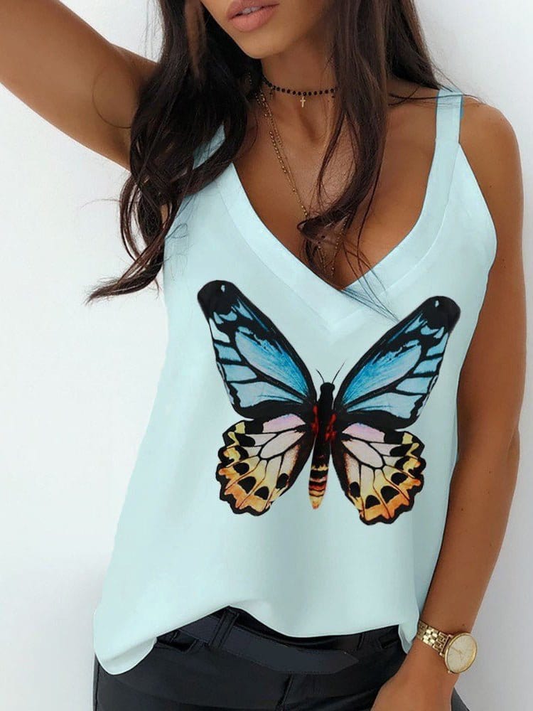 Tops Butterfly Print V-Neck Camisole TAN2205191479GRES Green / 2 (S)