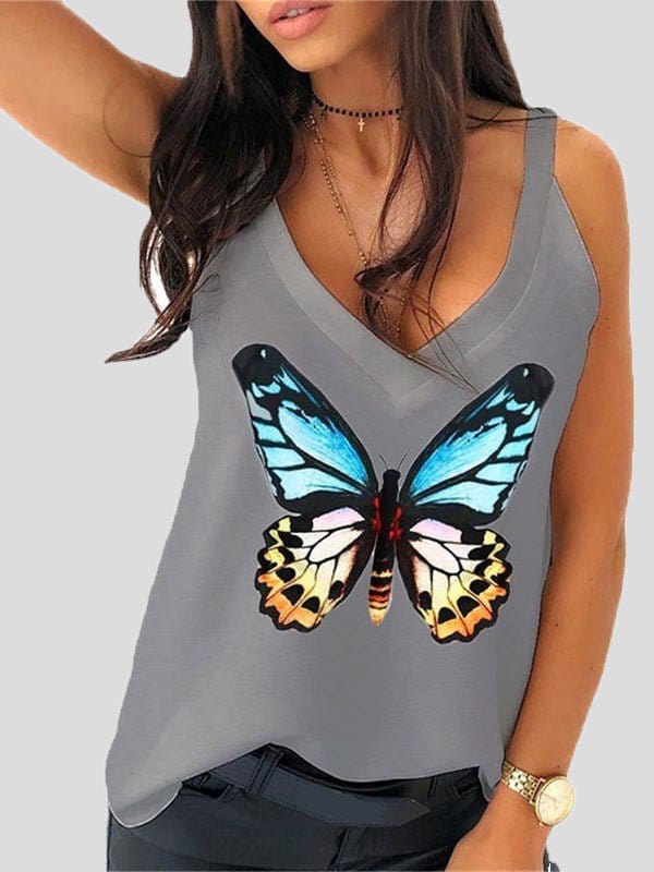 Tops Butterfly Print V-Neck Camisole TAN2205191479GRAS Gray / 2 (S)