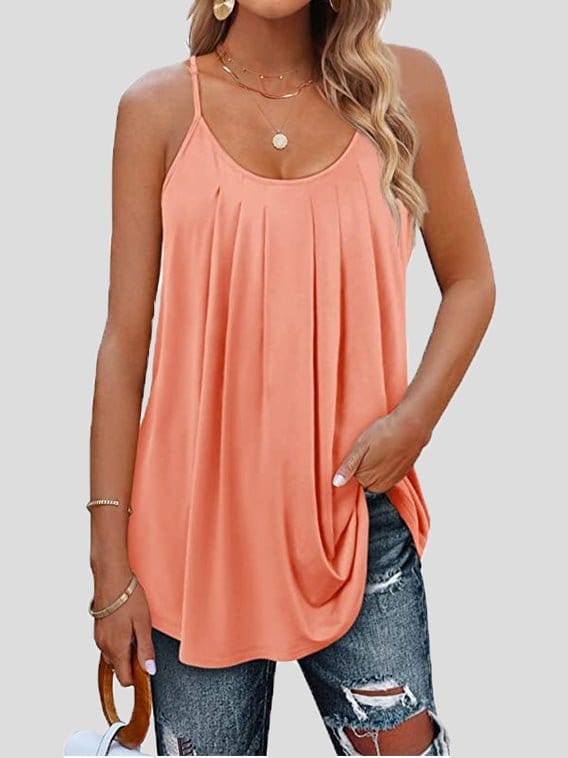Tops Pleated Sling Crew Neck Tank Tops TAN2206221532PINS Pink / 2 (S)