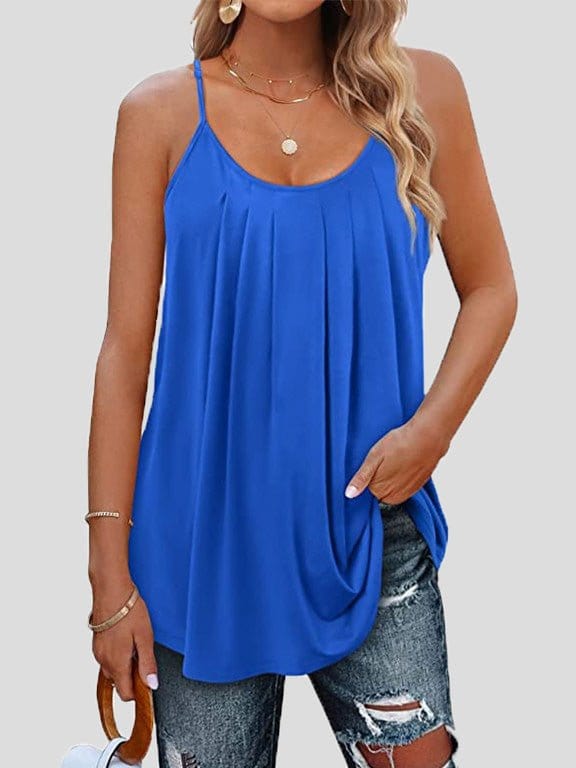 Tops Pleated Sling Crew Neck Tank Tops TAN2206221532BLUS Blue / 2 (S)