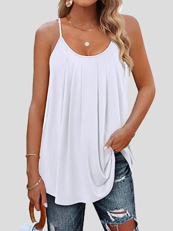 Tops Pleated Sling Crew Neck Tank Tops TAN2206221532WHIS White / 2 (S)