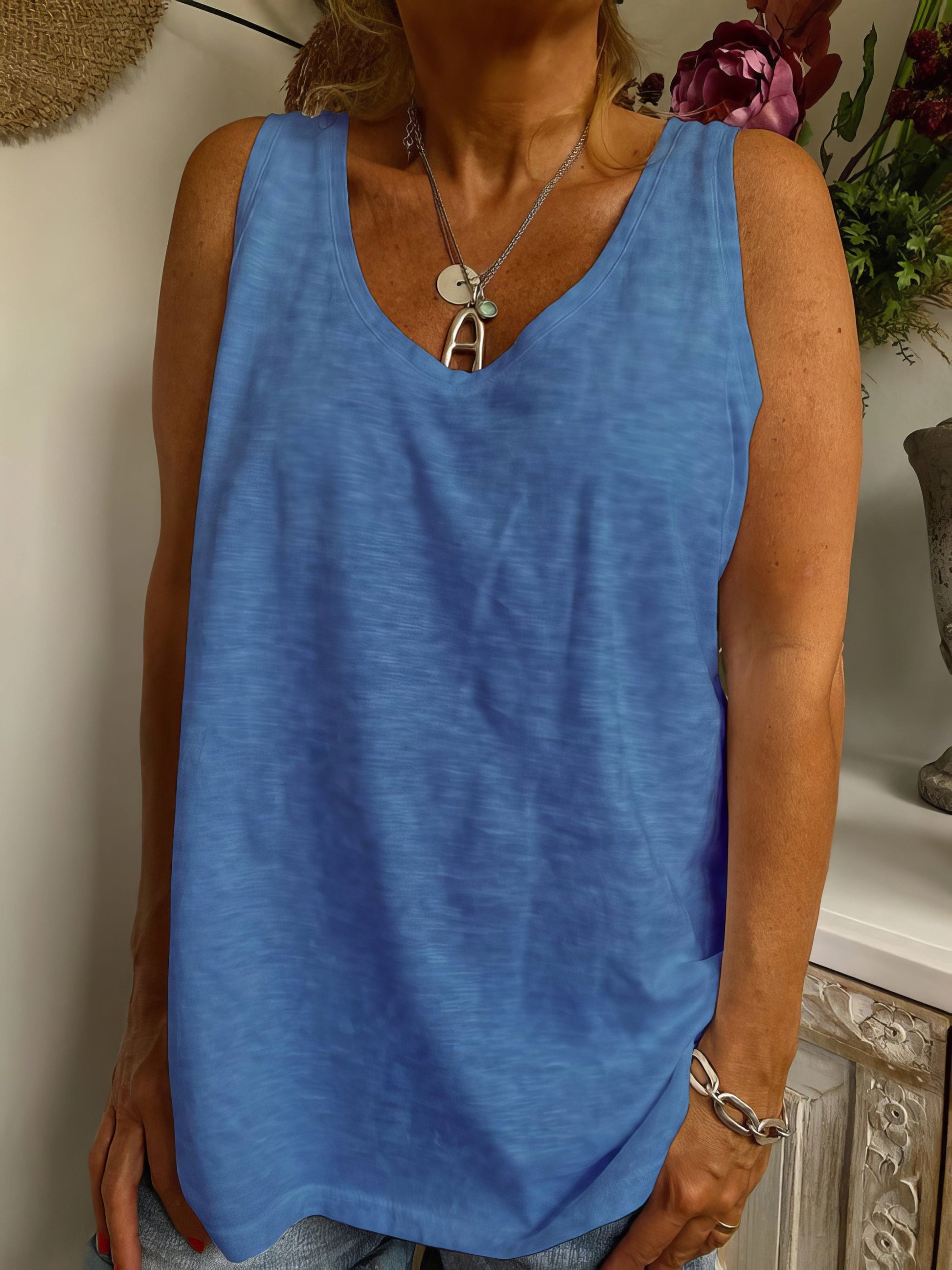 Tops Solid V-Neck Sleeveless Casual Tank Top TAN2206061504BLUS Blue / 2 (S)