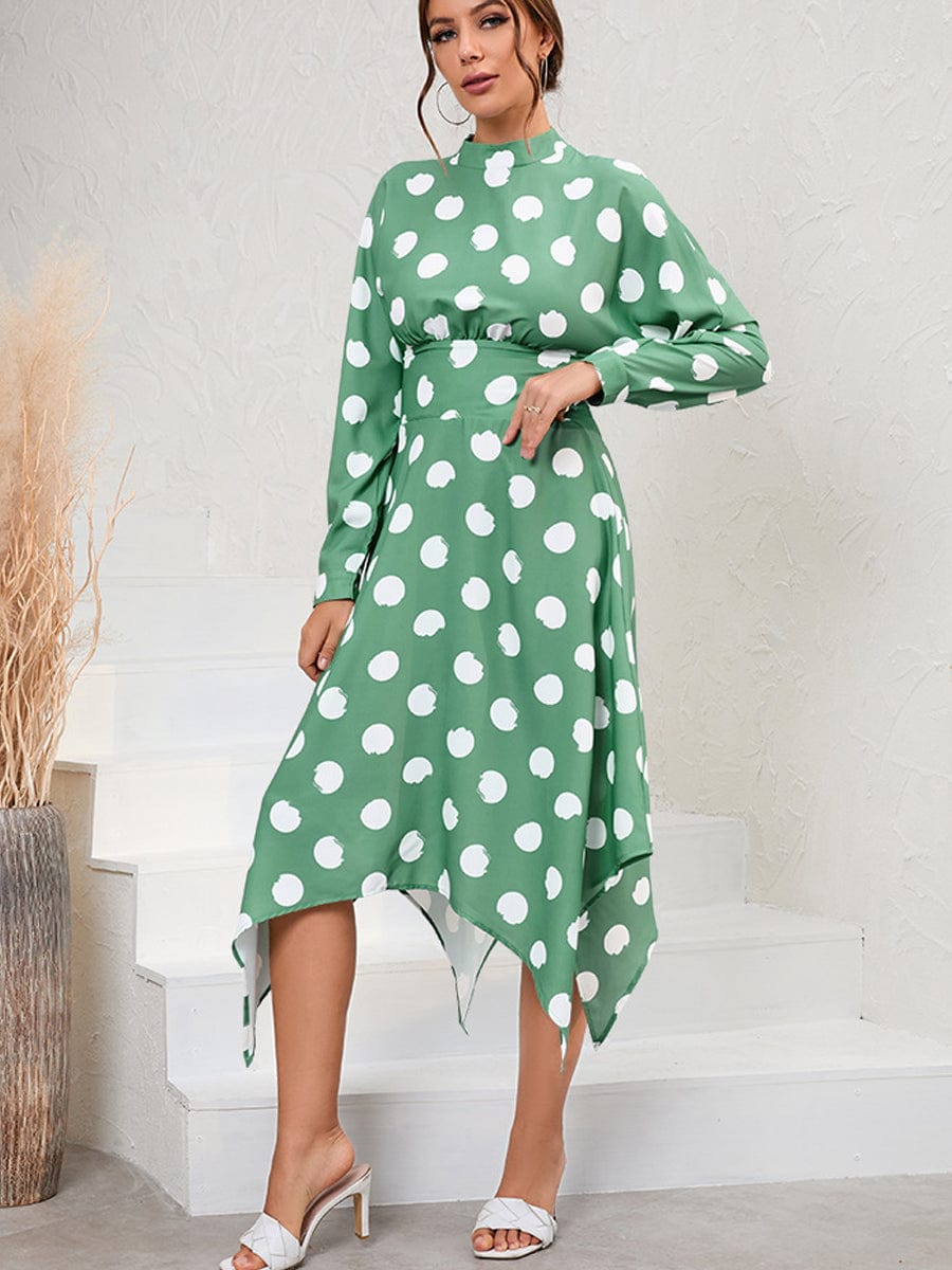 Unique And Chic Style Irregular Polka Dot Long Sleeve Midi Dress DRE2305260226GRES Green / 2 (S)