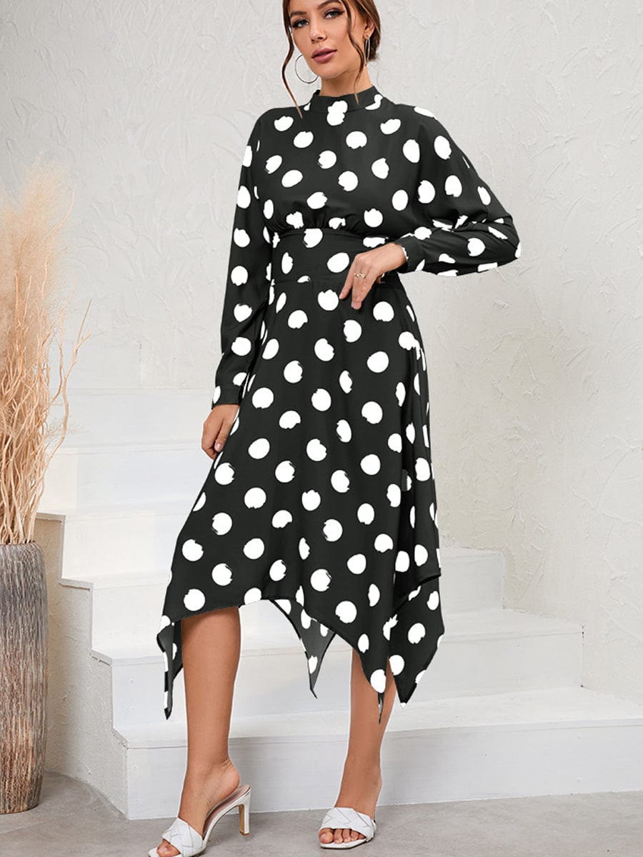 Unique And Chic Style Irregular Polka Dot Long Sleeve Midi Dress DRE2305260226BLAS Black / 2 (S)