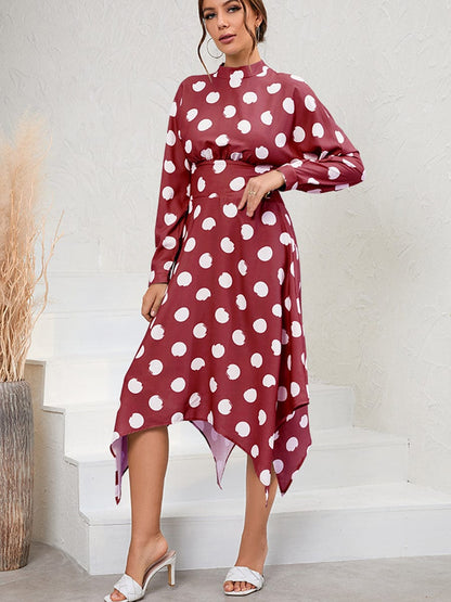 Unique And Chic Style Irregular Polka Dot Long Sleeve Midi Dress DRE2305260226REDS Red / 2 (S)