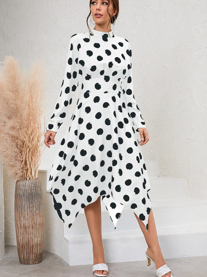 Unique And Chic Style Irregular Polka Dot Long Sleeve Midi Dress DRE2305260226WHIS White / 2 (S)