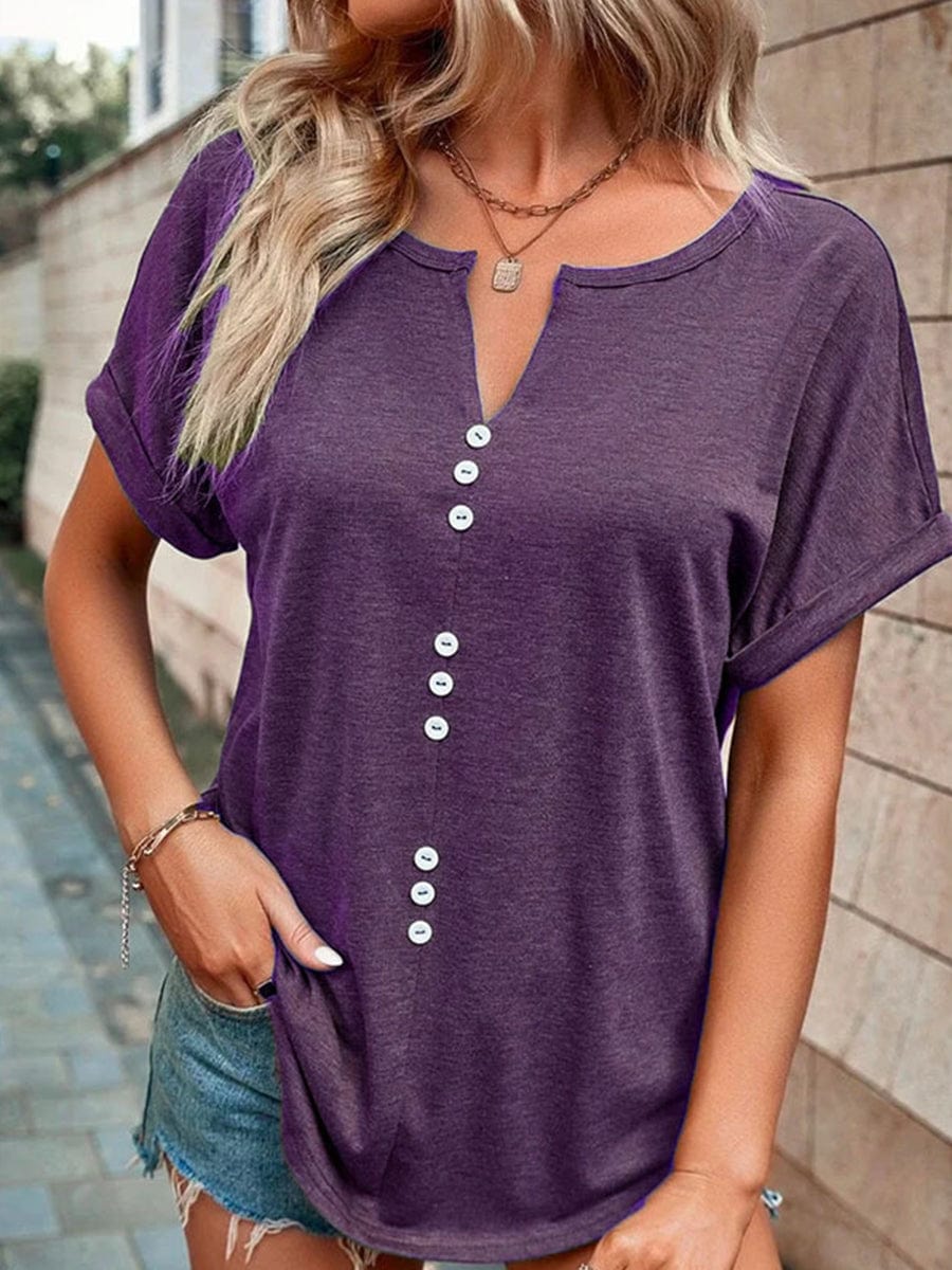 V-Neck Button Short-Sleeved T-Shirt TSH2303060058PURS Purple / 2 (S)