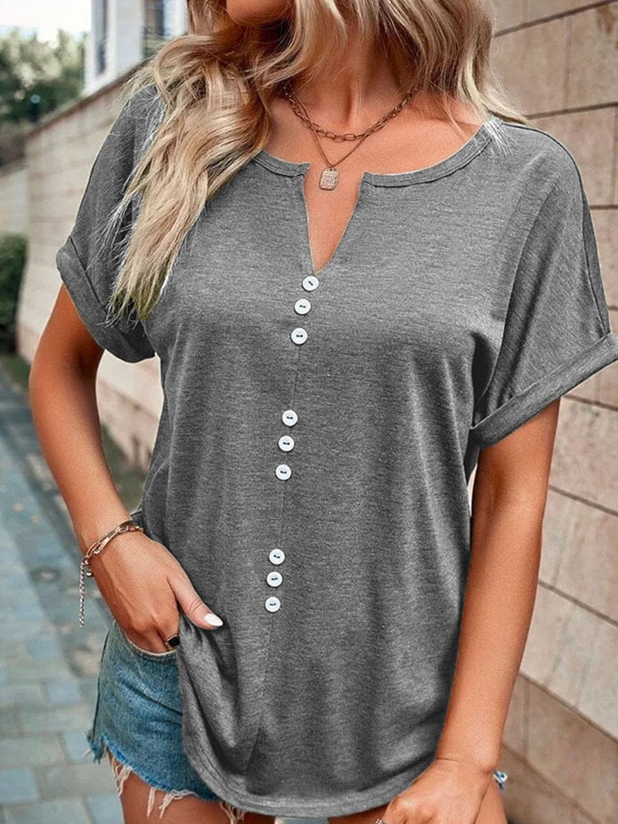 V-Neck Button Short-Sleeved T-Shirt TSH2303060058GRYS Gray / 2 (S)