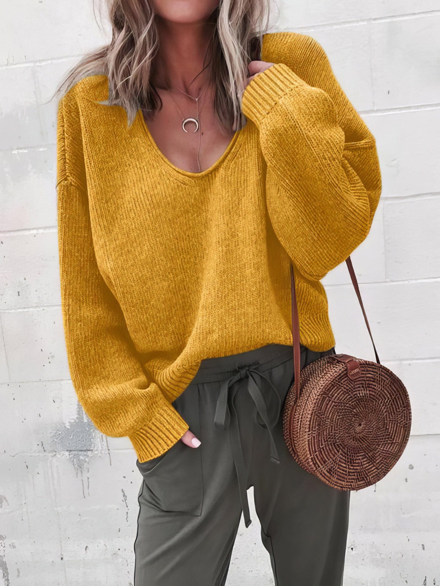 V-Neck Long Sleeve Solid Loose Knit Sweater SWE2109181185YELS Yellow / 2 (S)