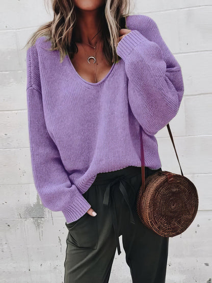 V-Neck Long Sleeve Solid Loose Knit Sweater SWE2109181185PURS Purple / 2 (S)