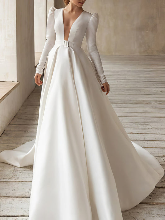 V-Neck Long Sleeve Swing Dress DRE2208125121BEIS White / 2 (S)