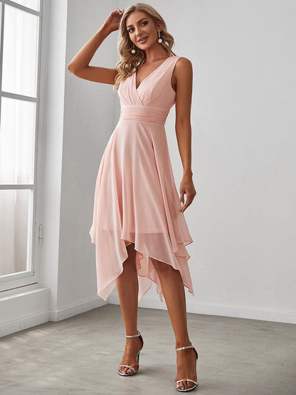 V Neck Ruched Asymmetrical Hems Midi Chiffon Bridesmaid Dress DRE230977101PNK4 Pink / 4