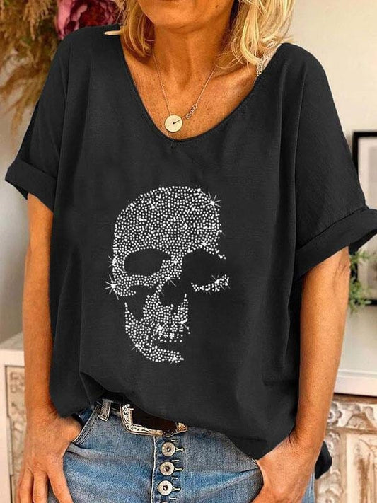 V-neck Skull Print Loose Short Sleeve T-shirt