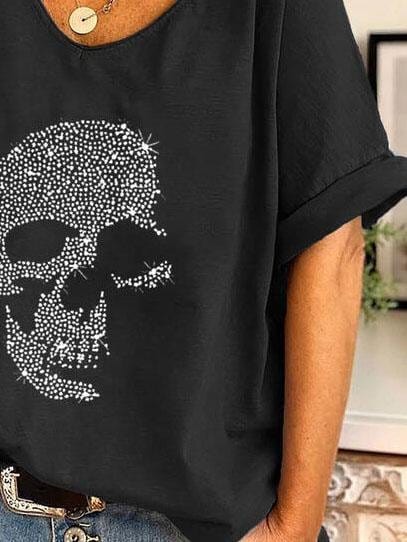 V-neck Skull Print Loose Short Sleeve T-shirt