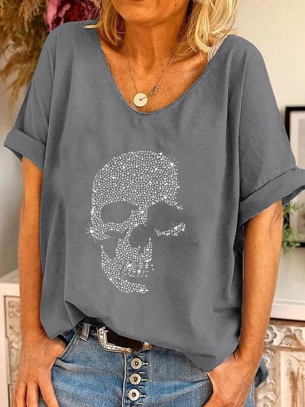 V-neck Skull Print Loose Short Sleeve T-shirt TSH210531655GRAS Gray / 2 (S)