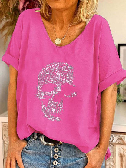 V-neck Skull Print Loose Short Sleeve T-shirt TSH210531655ROSES Pink / 2 (S)