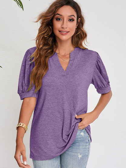 V-Neck Solid Color Puff Sleeve Loose T-Shirt TSH2303020047PURS Purple / 2 (S)