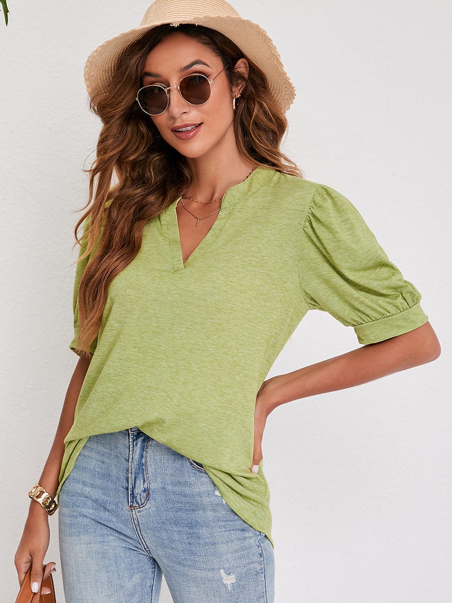 V-Neck Solid Color Puff Sleeve Loose T-Shirt