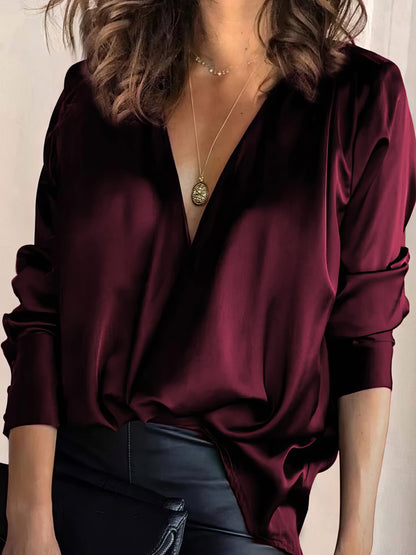 V-Neck Solid Temperament Long Sleeve Blouse BLO2110231386WREDS Red / 2 (S)