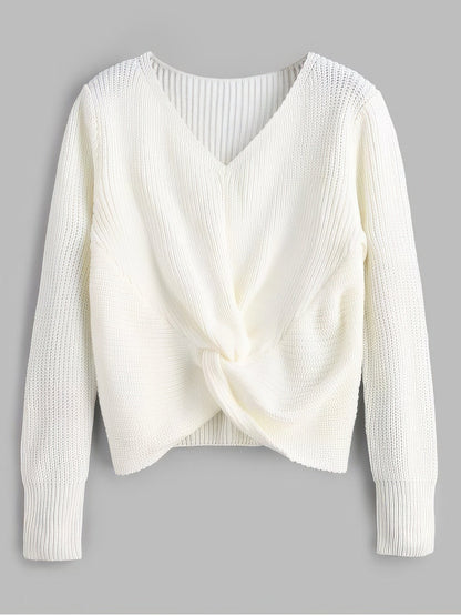 V Neck Twist Front Pullover Sweater SWE210312368CRWHIS White / 2 (S)