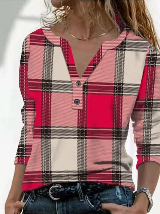 Vintage Check Print V-Neck Button Long Sleeve T-Shirt TSH2110221901REDS Red / 2 (S)