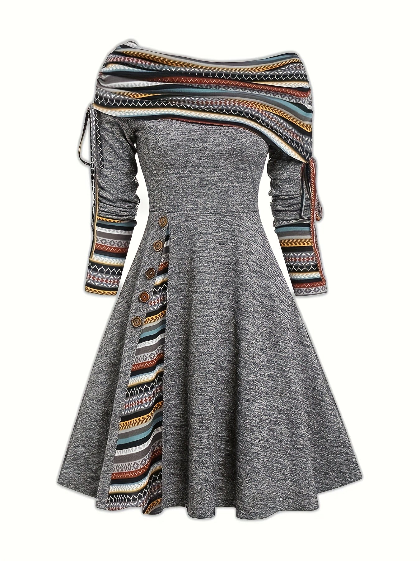 Vintage Printed A-line Off-Shoulder Drawstring Midi Dress DRE231012122GRYS(4) Gray / S(4)