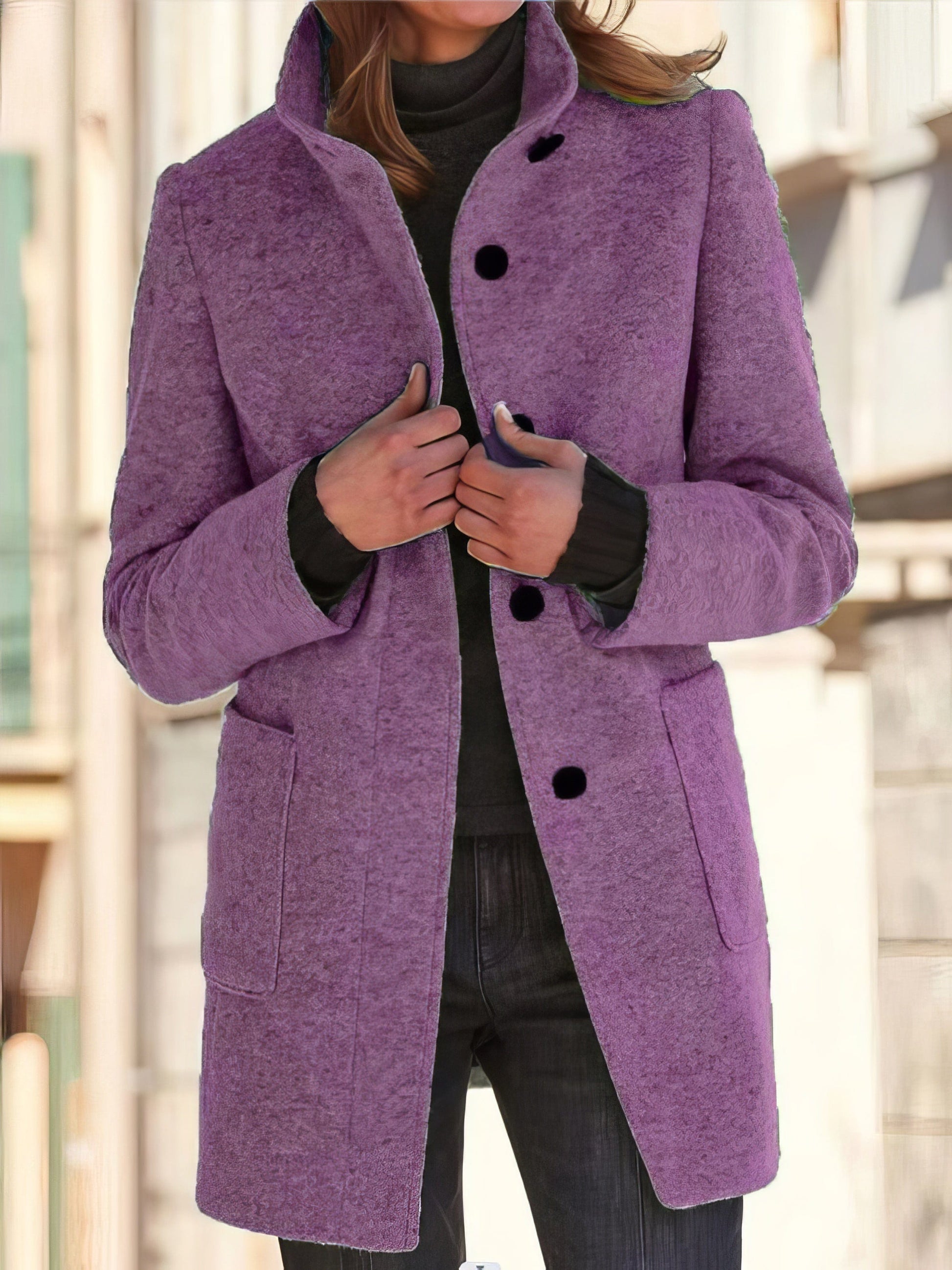 Vintage Solid Button Stand Collar Woolen Coat COA2210241450LPURS Purple / 2 (S)