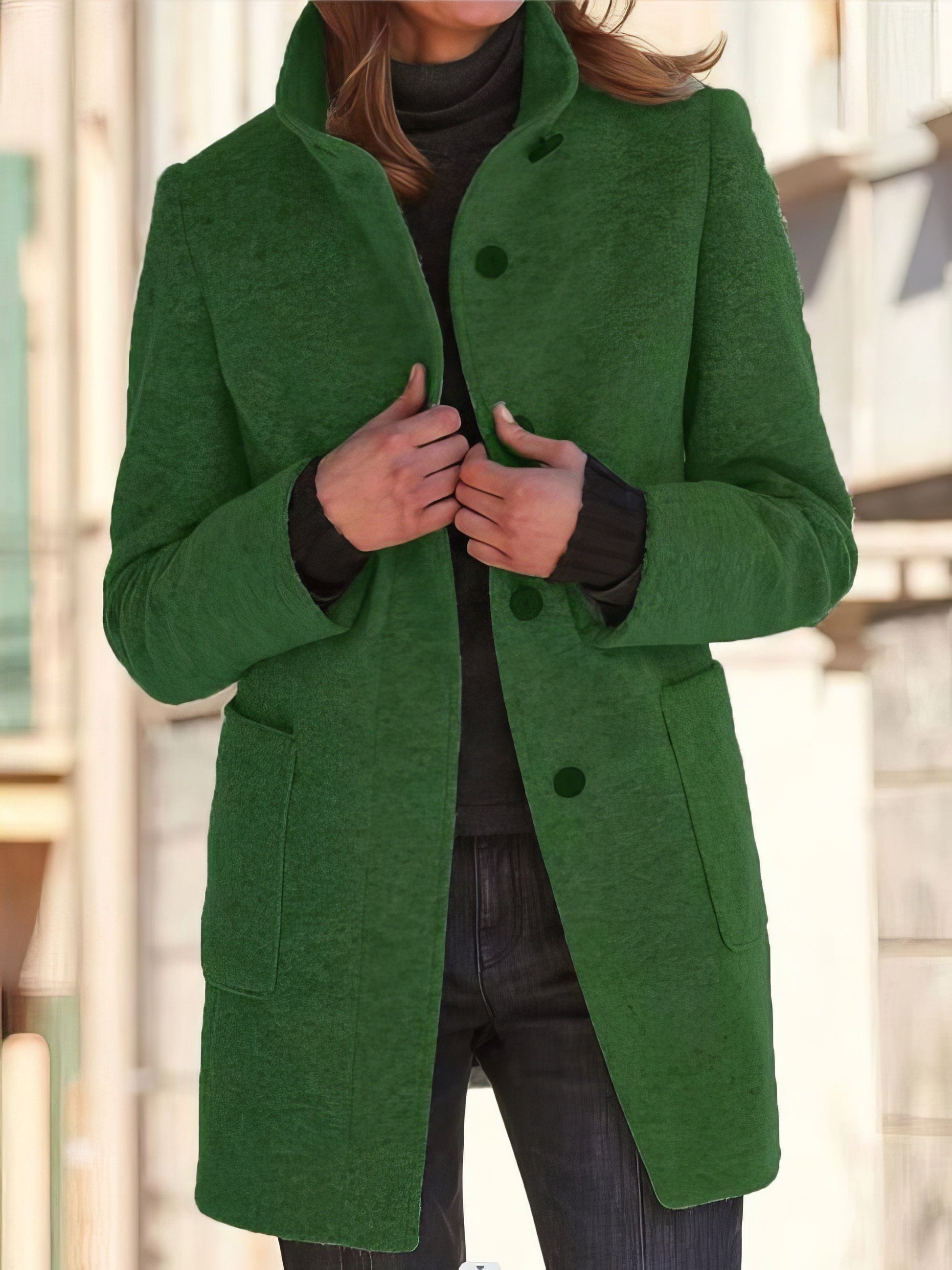 Vintage Solid Button Stand Collar Woolen Coat COA2210241450GRES Green / 2 (S)