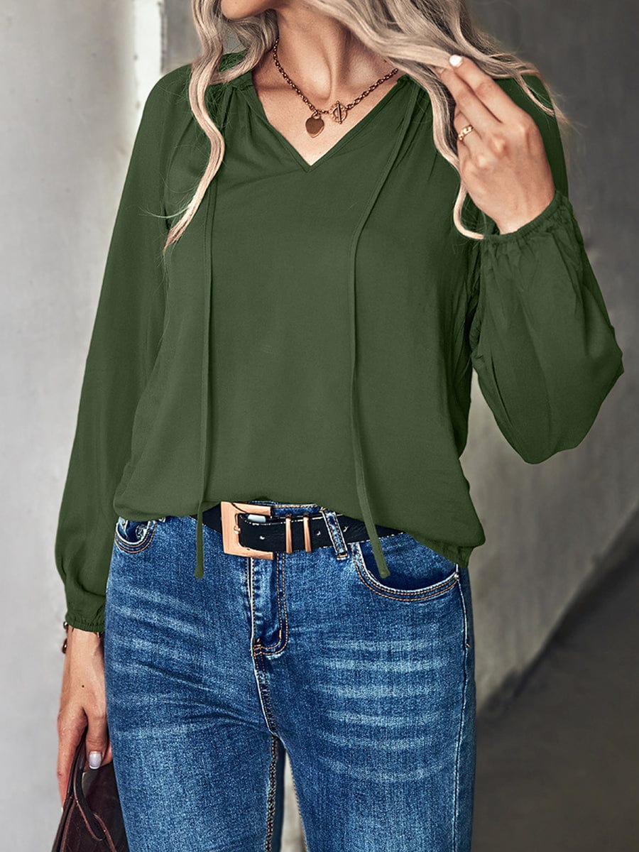 Wide Perfect For Commuting With Touch Of Temperament V Neck Long Sleeved Blouse - Closed - Bishop - Peasant - Jewel