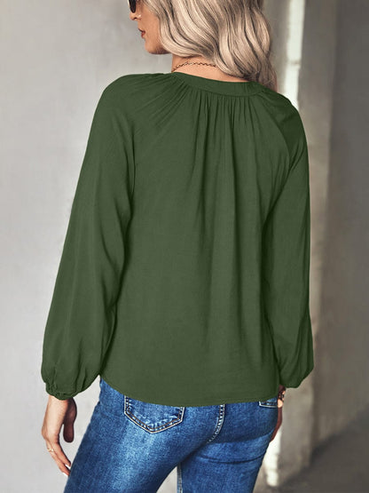 Wide Perfect For Commuting With Touch Of Temperament V Neck Long Sleeved Blouse - Closed - Bishop - Peasant - Jewel