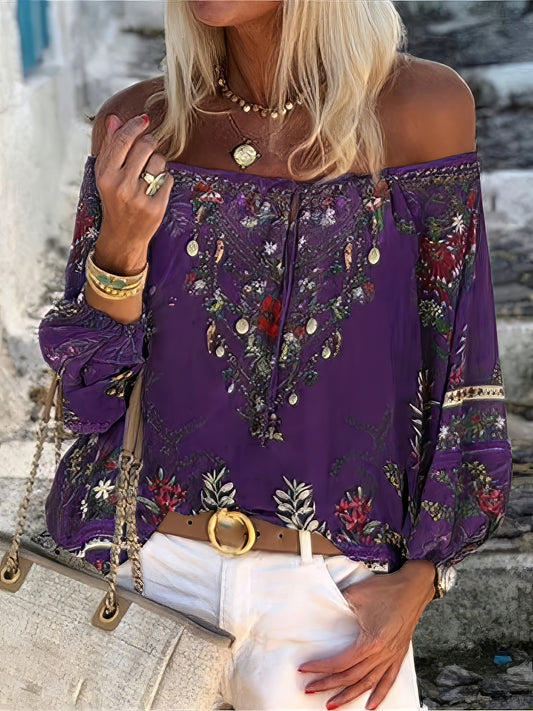 Women's Blouses Vintage Print Boat Neck Belted Long Sleeve Blouse BLO2201051525PURS Purple / 2 (S)