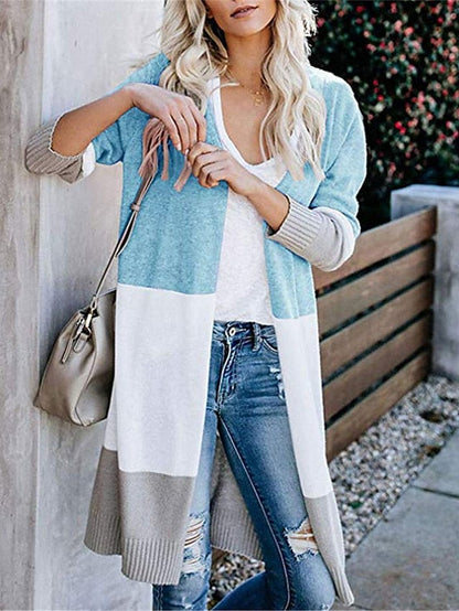 Women's Cardigan Sweater Jumper Ribbed Knit Tunic Patchwork Pocket Color Block Open Front Stylish Casual Daily Going MS2311534306S Light Blue / S