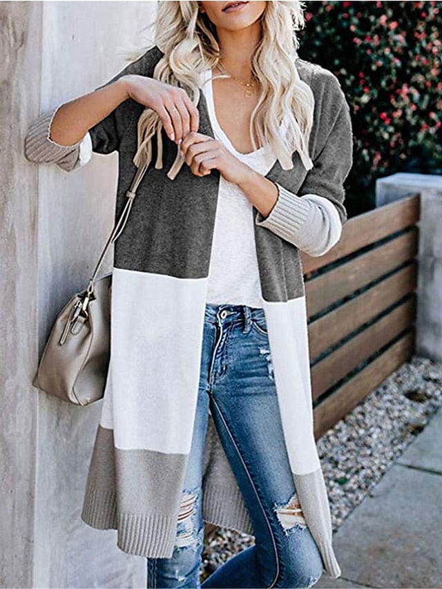 Women's Cardigan Sweater Jumper Ribbed Knit Tunic Patchwork Pocket Color Block Open Front Stylish Casual Daily Going