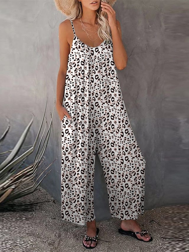 Leopard Print Backless Women's Sleeveless Jumpsuit with U Neck