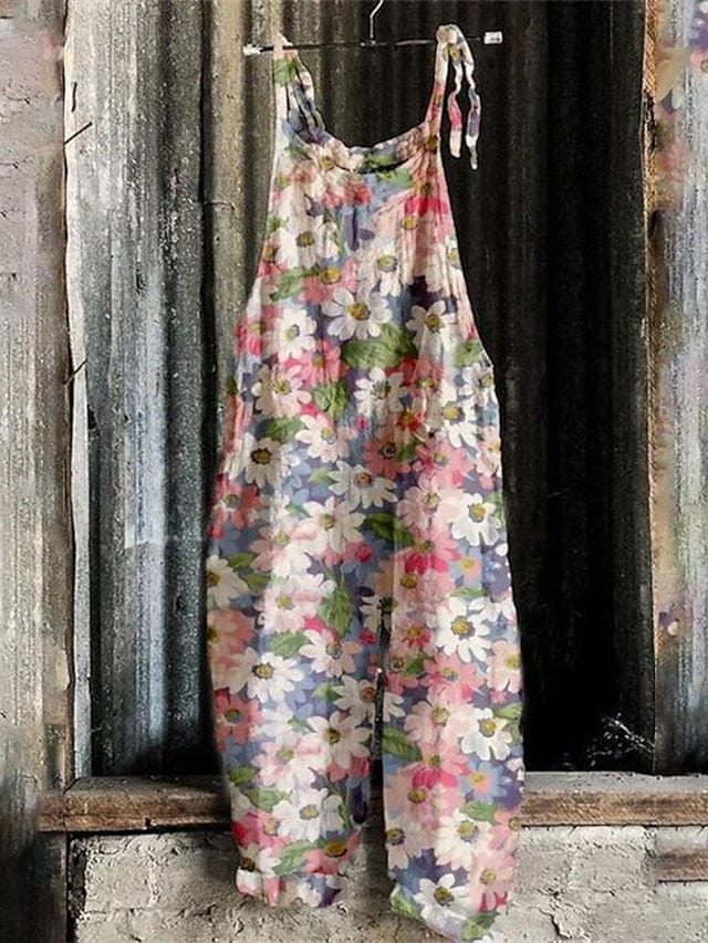 Floral Print Women's Sleeveless Jumpsuit with Wide Leg