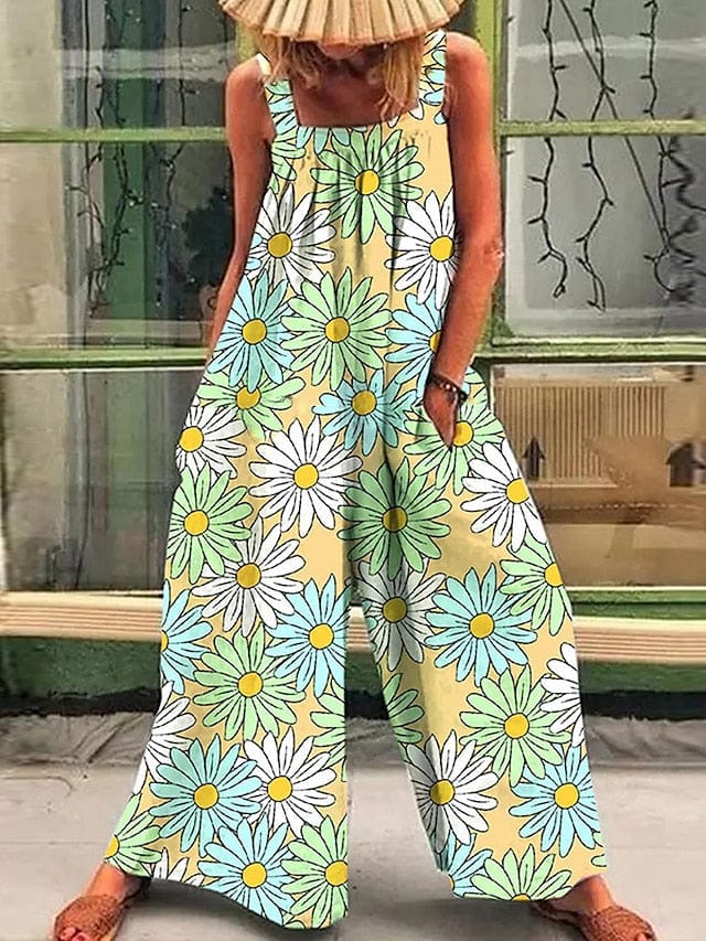 Women's Floral Print Sleeveless Square Neck Jumpsuit for Casual Daily Wear in Regular and Plus Size