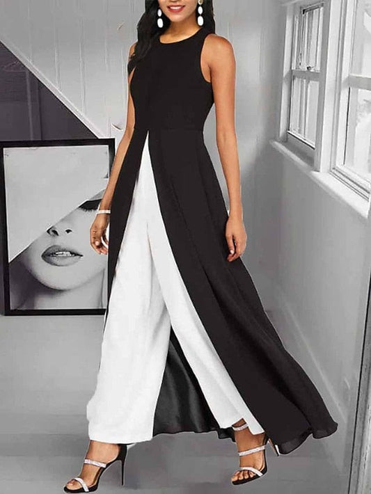 Chic Sleeveless Women's Jumpsuit in Black White Wine Print