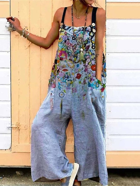 Women's Floral Print Square Neck Sleeveless Jumpsuit with Pockets