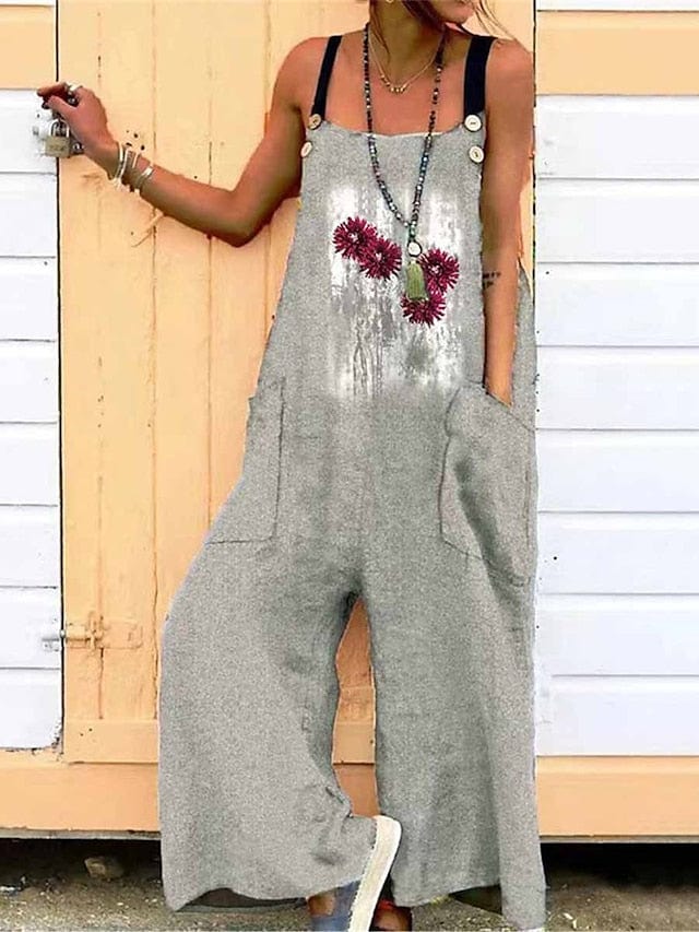 Women's Floral Print Square Neck Sleeveless Jumpsuit with Pockets