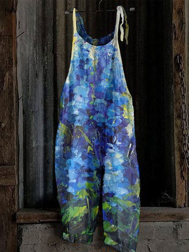 Floral Print Crew Neck Sleeveless Jumpsuit for Women in Light Green, Pink, and Royal Blue
