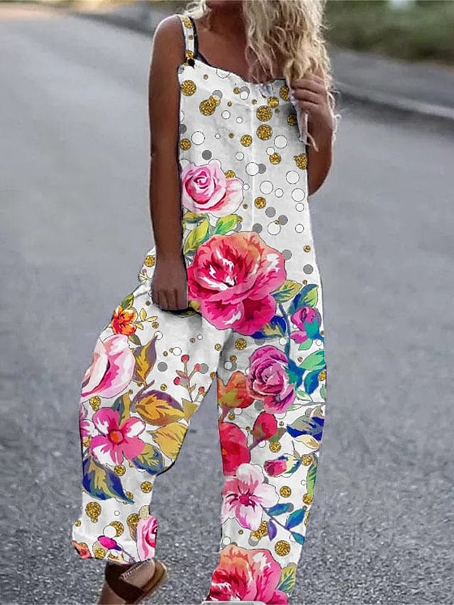 Floral Print Linen Jumpsuit for Women with U Neck and Strap Sleeves
