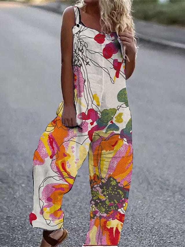 Floral Print Linen Jumpsuit for Women with U Neck and Strap Sleeves