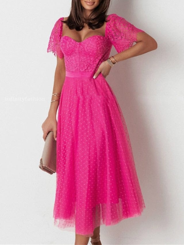 Women's Elegant Polka Dot Lace Corset Midi Dress - Black Pink Fuchsia