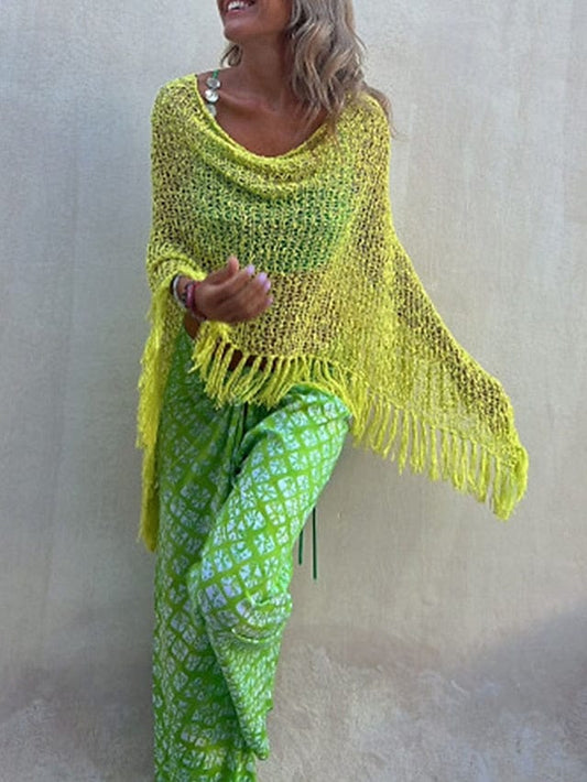 Ladies' Crocheted Tassel Poncho Sweater with Batwing Sleeves