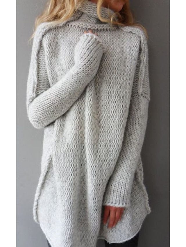 Women's Pullover Sweater Jumper Chunky Crochet Knit Tunic Solid Color Turtleneck Basic Casual Home Daily Winter Fall MS2311519713S Light Grey / S