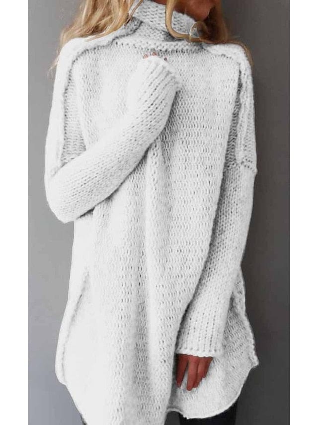 Women's Pullover Sweater Jumper Chunky Crochet Knit Tunic Solid Color Turtleneck Basic Casual Home Daily Winter Fall MS2311519723S White / S