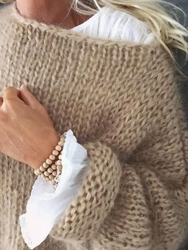 Women's Pullover Sweater Jumper Jumper Chunky Crochet Knit Knitted Pure Color Crew Neck Stylish Casual Outdoor Daily MS2311522530S Khaki / S